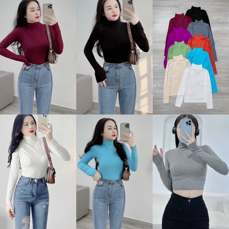 Áo Thun cổ Lọ Tay Dài Thun Lụa Freesize