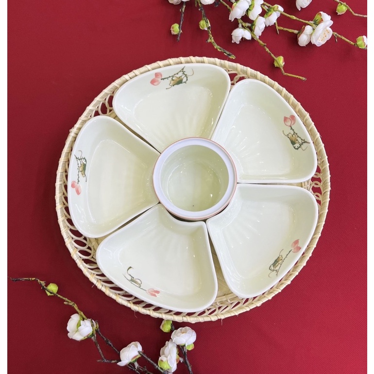 Bộ Đĩa 5 Cánh Kèm Khay Đựng Đồ Ăn Bánh Trôi Chay 33cm Nhiều Mẫu Hoạ Tiết Vẽ Tay Sứ Bát Tràng