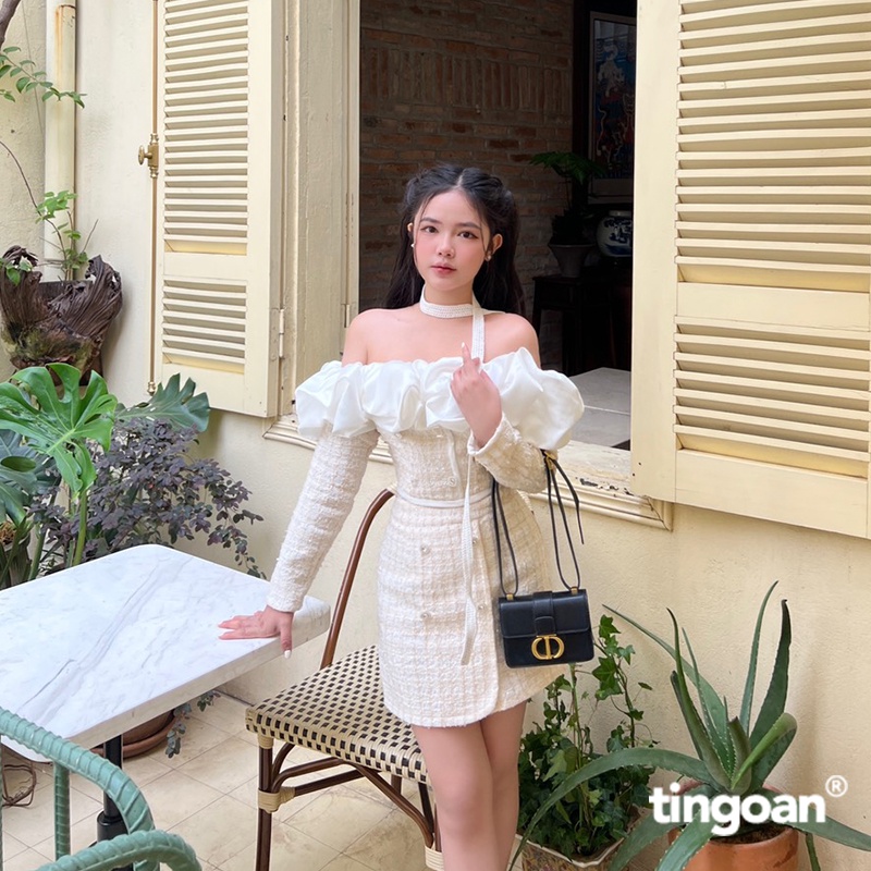 TINGOAN® - Chân váy tweed nude cạp cao vạt lệch đính cúc đá (có quần trong) PRETTY SNOW SKIRT/NUDE