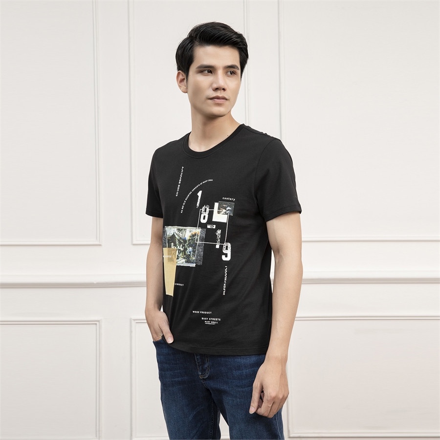 Áo thun nam Aristino  100% cotton thấm hút from rộng ATS002S1 màu đen