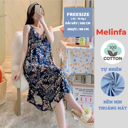 Váy ngủ hai dây nữ vải Cotton lụa tự nhiên thoáng mát mềm mại, đầm mặc nhà mùa hè freesize mã VAV0221