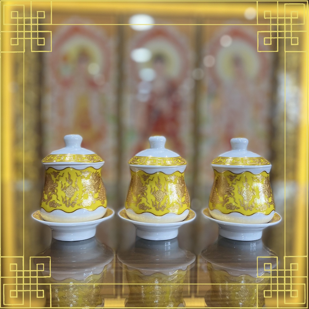 Bô thờ cúng lư bình dĩa chun bi nước 2070 họa tiết rồng vàng bằng men sứ siêu đẹp -phật giáo tường thuận