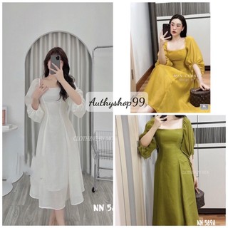 Váy Tơ Tay Bồng Cổ Vuông 3 Màu Hàng 2 Lớp Có Ảnh Thật