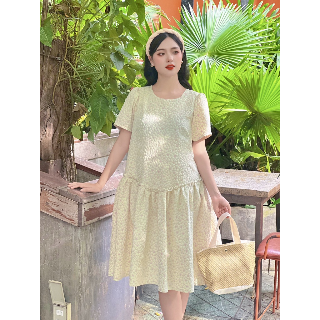 Đầm bầu hoa nhún tầng viền chanh sả