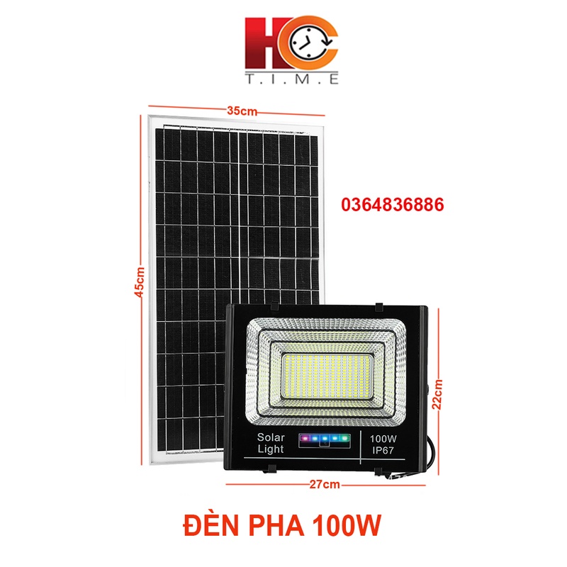Đèn pha năng lượng mặt trời 100W – Vỏ nhôm,Tấm pin NLMT rời, Ánh sáng trắng, Báo pin ngoài