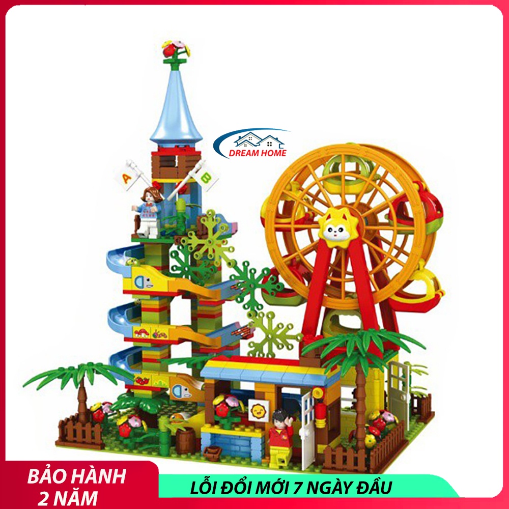 Đồ chơi trẻ em xếp hình tháp cầu trượt vòng xoay mặt trời, xếp hình lắp ráp phát triển trí tuệ cao cấp 469 chi tiết