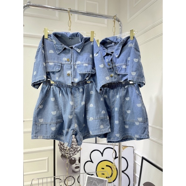 Set jean hoạ tiết gấu áo hai nắp túi kèm quần [ Kèm hình thật]