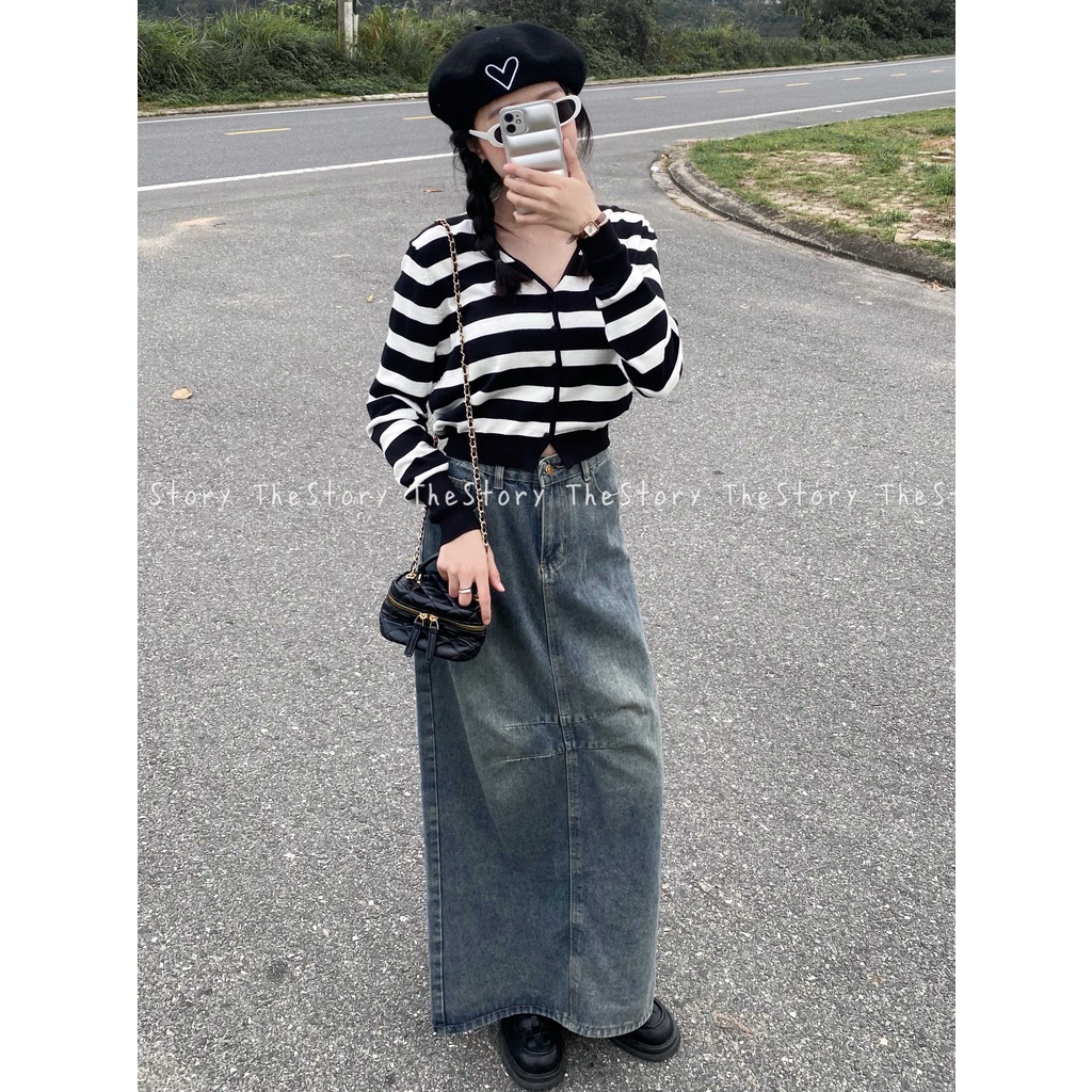 Chân váy jean dáng dài có 2 đường chéo ở giữa  CV367