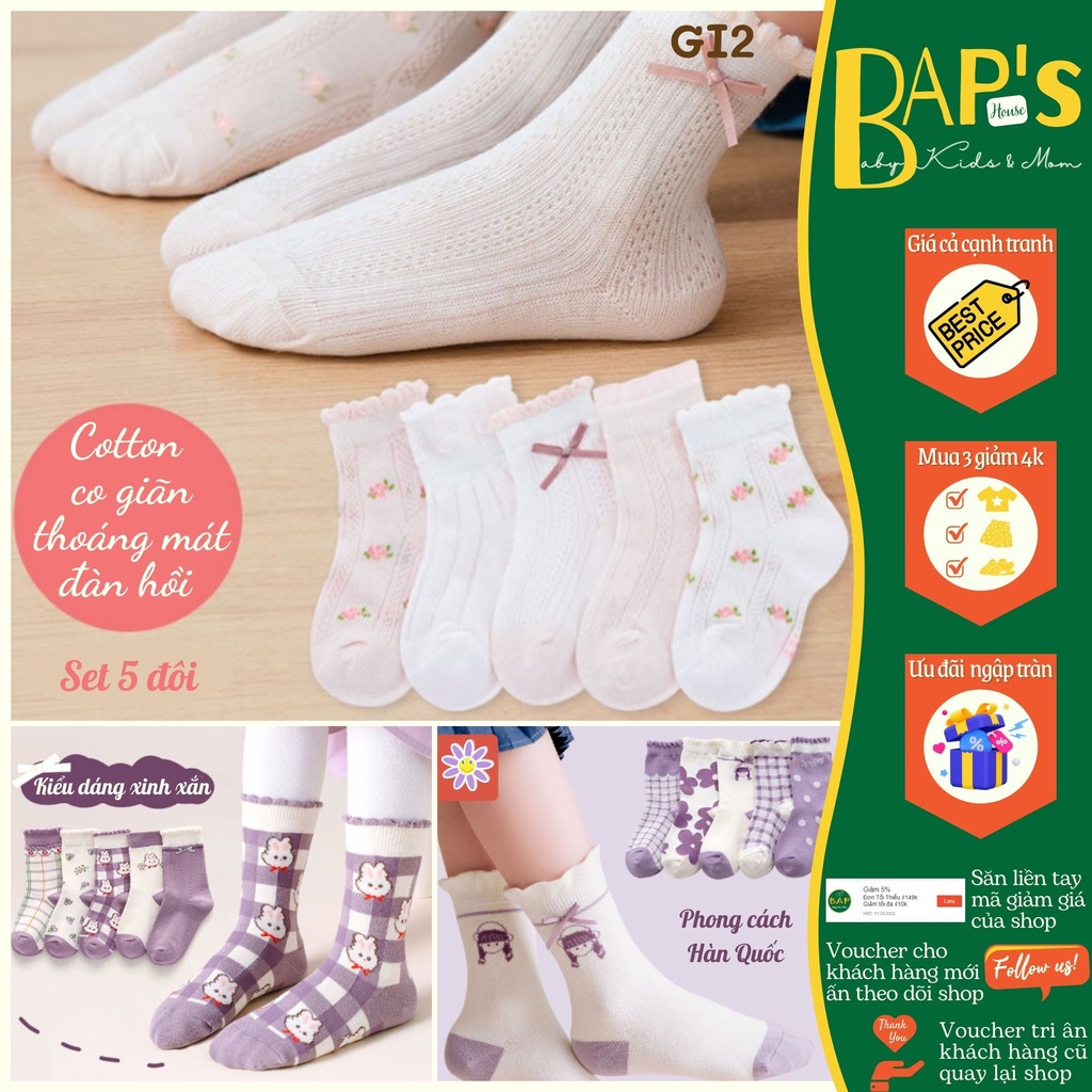 Set 5 Đôi Tất Cho Bé Gái , Vớ Cho Bé Gái Sơ Sinh Đến 8 Tuổi Kiểu Dáng Công Chúa Dễ Thương Nhiều Mẫu BAP's House GI2