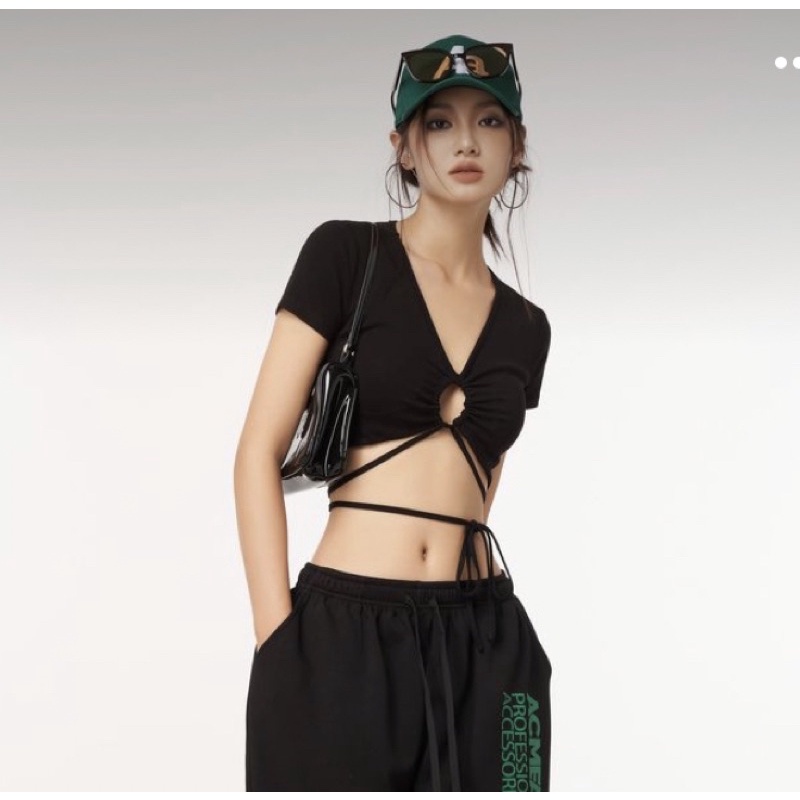 Áo croptop nữ HAGA áo ôm boby tay ngắn buộc eo - mút ngực BEMN47