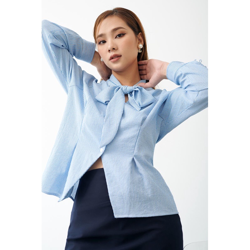 Áo sơ mi cột nơ cổ tay dài xếp ly thân thời trang GAGO hoạ tiết sọc xanh da trời GA4286