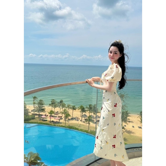 [ 𝐅𝐑𝐄𝐄 𝐒𝐇𝐈𝐏 ] Váy hoa thêu rút ngực tay bồng về cực đẹp Chất thô lụa mềm lót 2 lớp Chun lưng dễ mặc Hàng kỹ