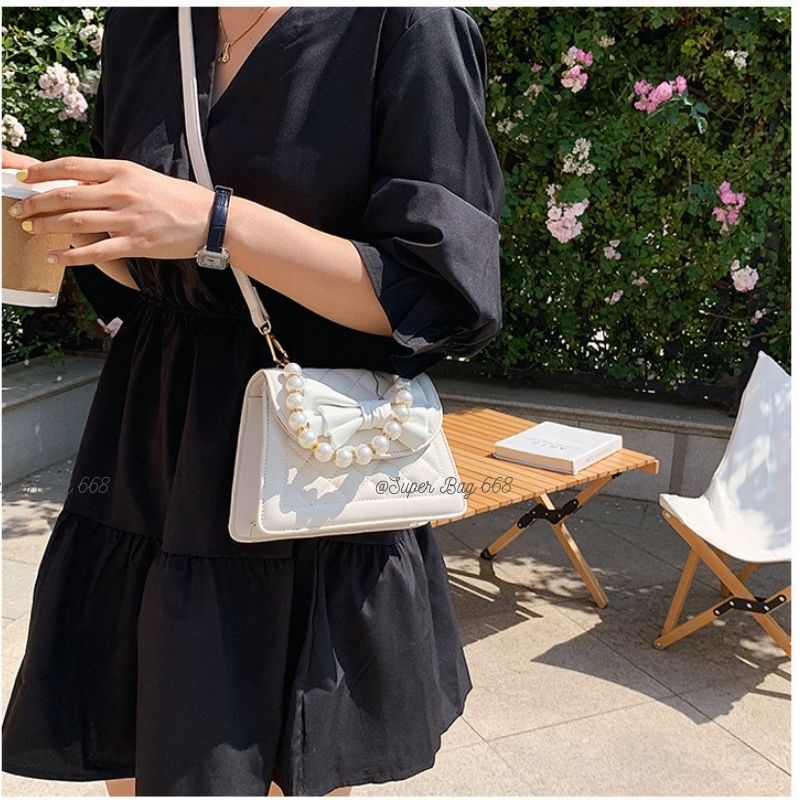 Túi Đeo Chéo Nữ Đẹp 2 Size, Túi Đeo Vai Đính Nơ Quai Ngọc Hottrend 100