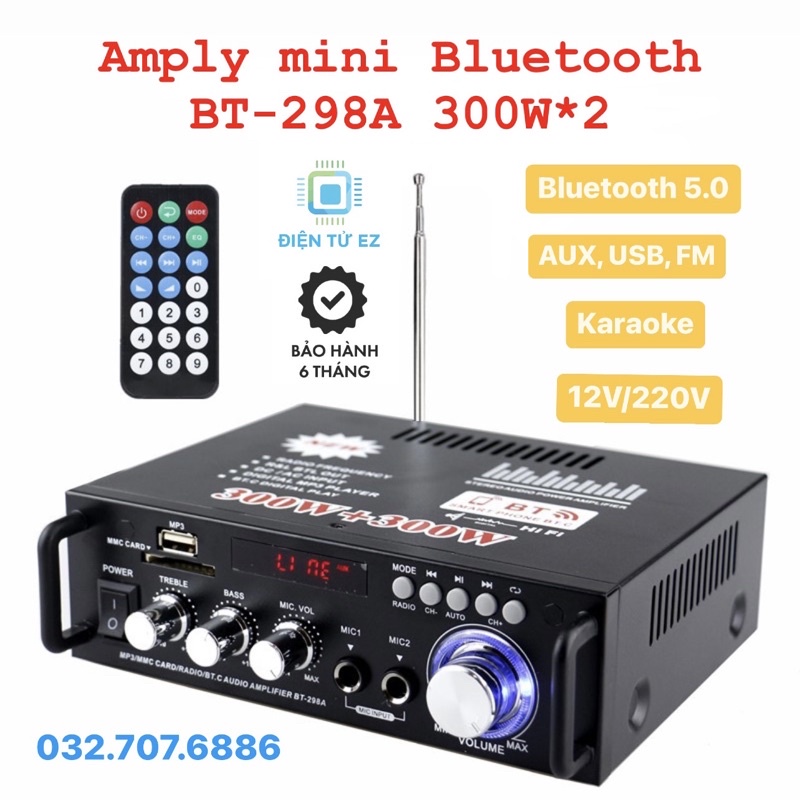 Amply Mini BT-298A Bluetooth 5.0 nghe nhạc hát Karaoke, 2 kênh âm thanh stereo công suất lớn 300W*2, 12V/220V