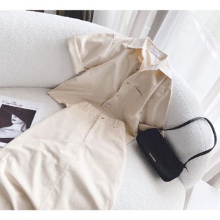 SET ÁO NUDE CỔ SƠ MI CHÂN VÁY MIDI