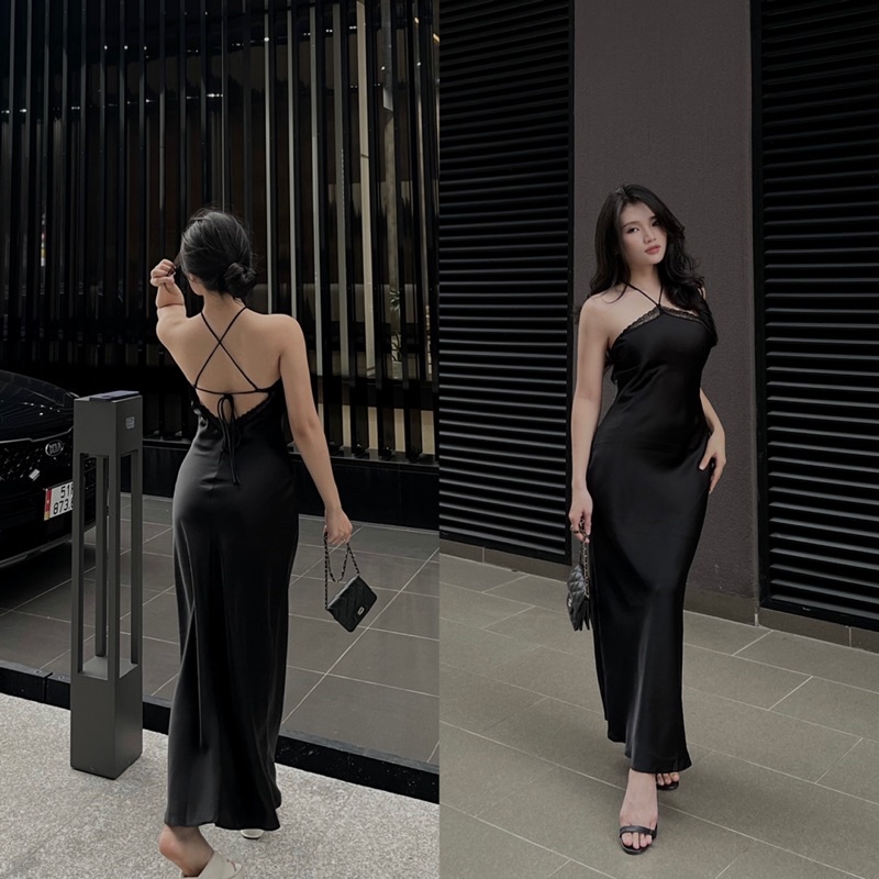 Đầm Lụa Satin Cổ Yếm Phối Ren Dáng Dài Hở Lưng Babiche