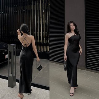 Đầm Lụa Satin Cổ Yếm Phối Ren Dáng Dài Hở Lưng Babiche