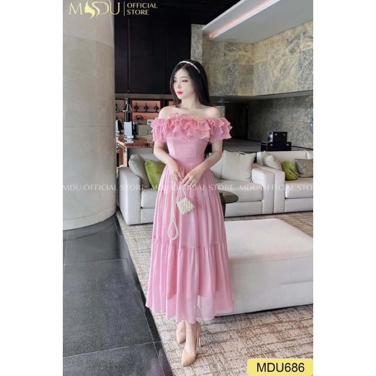 Váy, Đầm maxi hoa tơ cổ bèo cao cấp