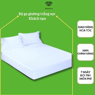 Bộ ga giường 2 vỏ gối cotton trắng sọc Riotex cho khách sạn cao cấp vải  CVC T300 mềm mịn dễ giặt sử dụng bền