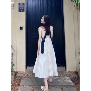 Váy maxi xếp ly cổ yếm đan dây lưng lạ mắt - MS106 (Có ảnh thật)
