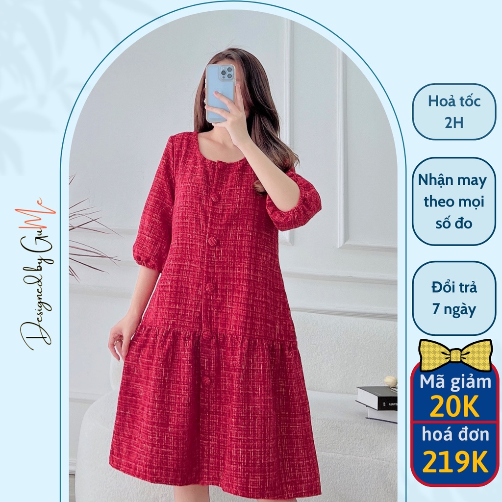 Váy Bầu Mùa Đông - Đầm Bầu GUME dạ tweed cúc bọc đỏ đuôi cá dày dặn MB196
