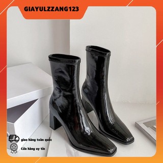 Bốt nữ cổ lửng da bóng đế trụ nâu cao 7p dễ đi