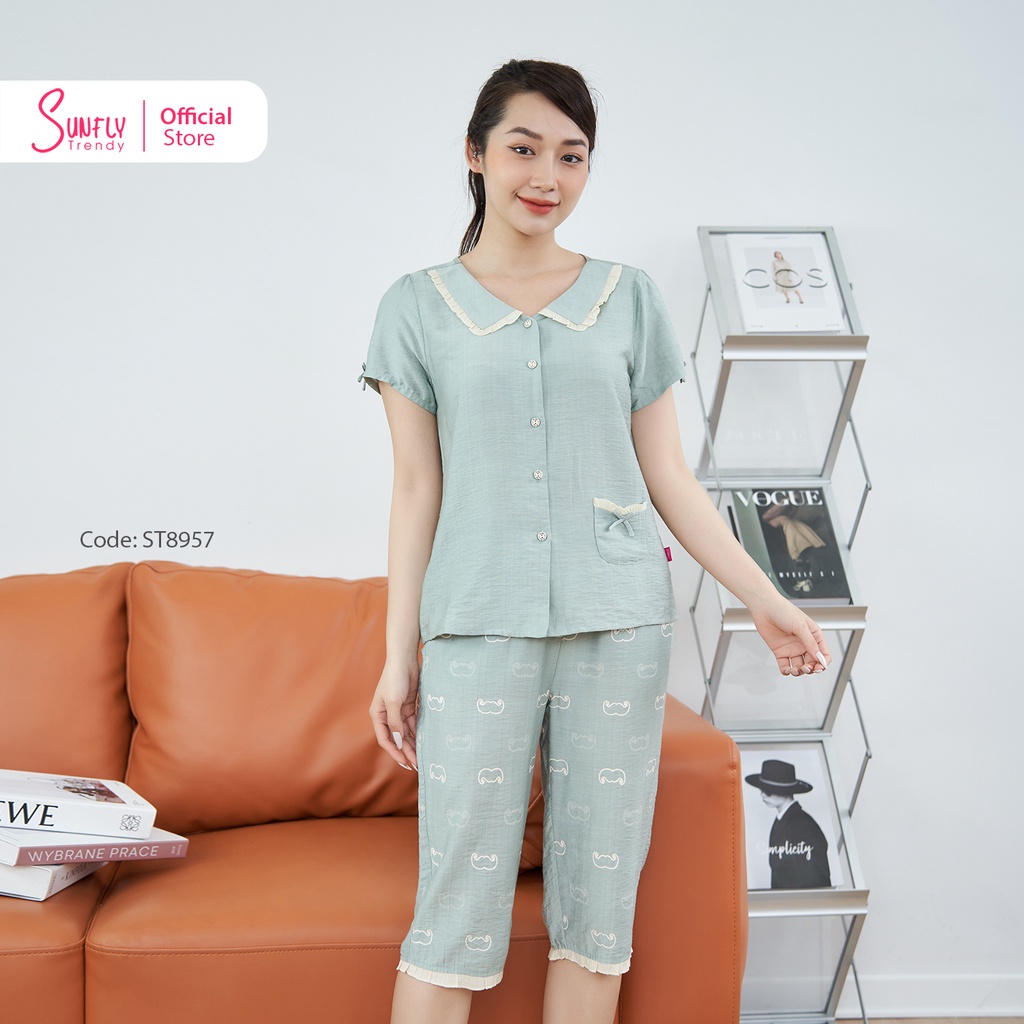 Bộ Đồ Mặc Nhà Nữ Pijamas Linen SUNFLY Áo Cộc Quần Ngố ST8957