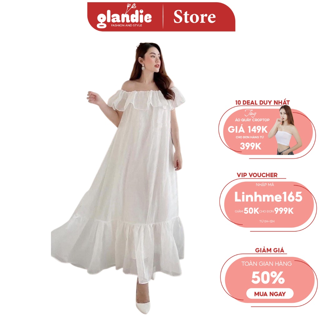 Váy voan trễ vai Glandie chất voan tơ tôn dáng và nhẹ.