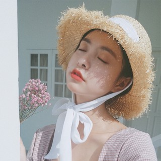 Mũ cói vành tua rua, nón nan đi biển có dây phong cách lolita
