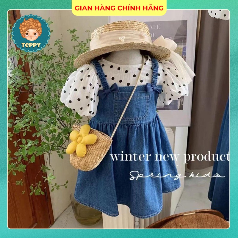 Set đầm yếm jean + Áo chấm bi cho bé gái