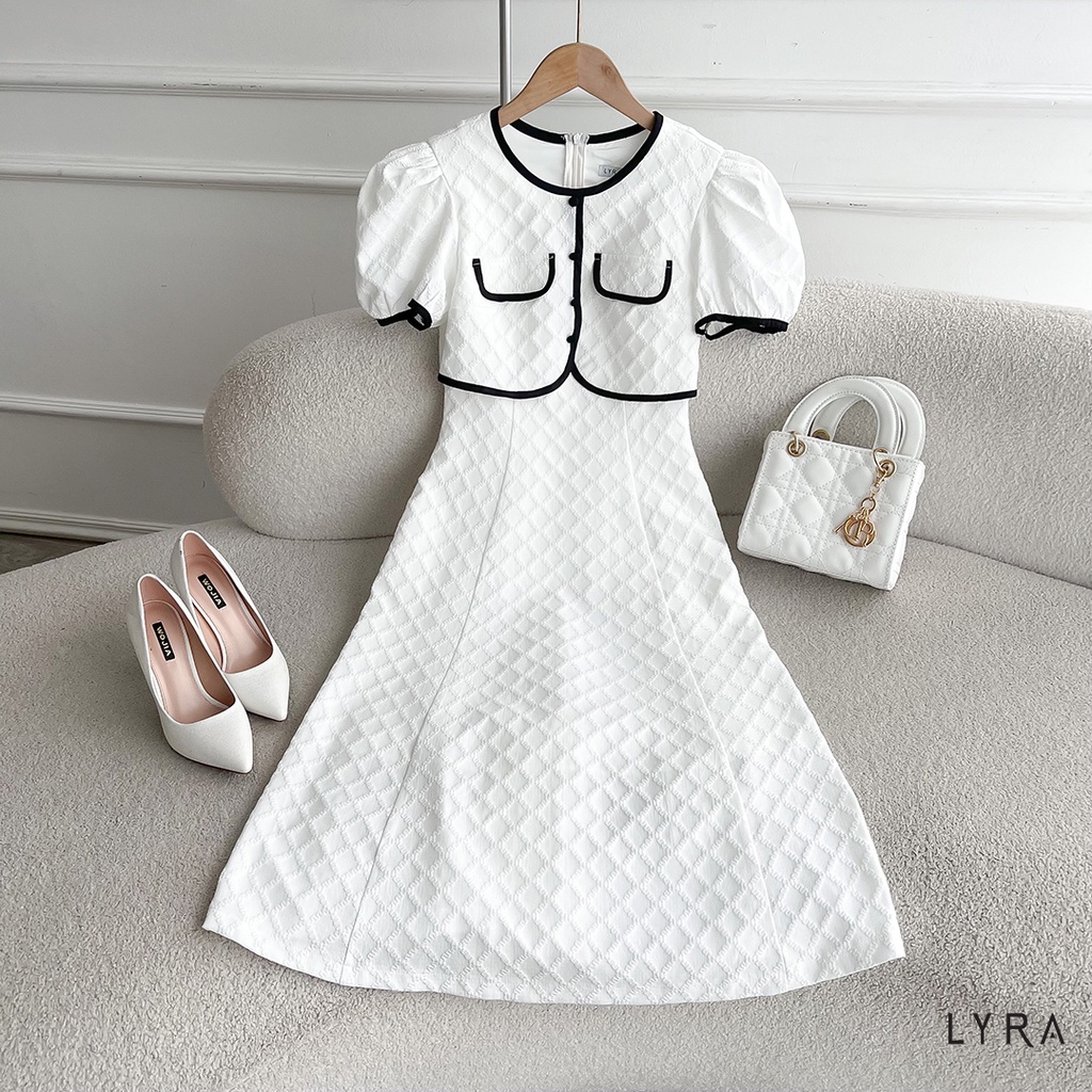 Váy nữ dáng dài LYRA giả set phối viền đen, chất vải xốp trắng phong cách nhẹ nhàng, sang chảnh - LWTVD643
