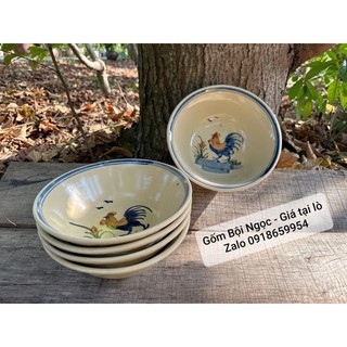 Bộ 5 tô gốm vẽ gà neop - tô tượng size đại 21cm - gốm lái thiêu - gốm xưa cho người hoài niệm