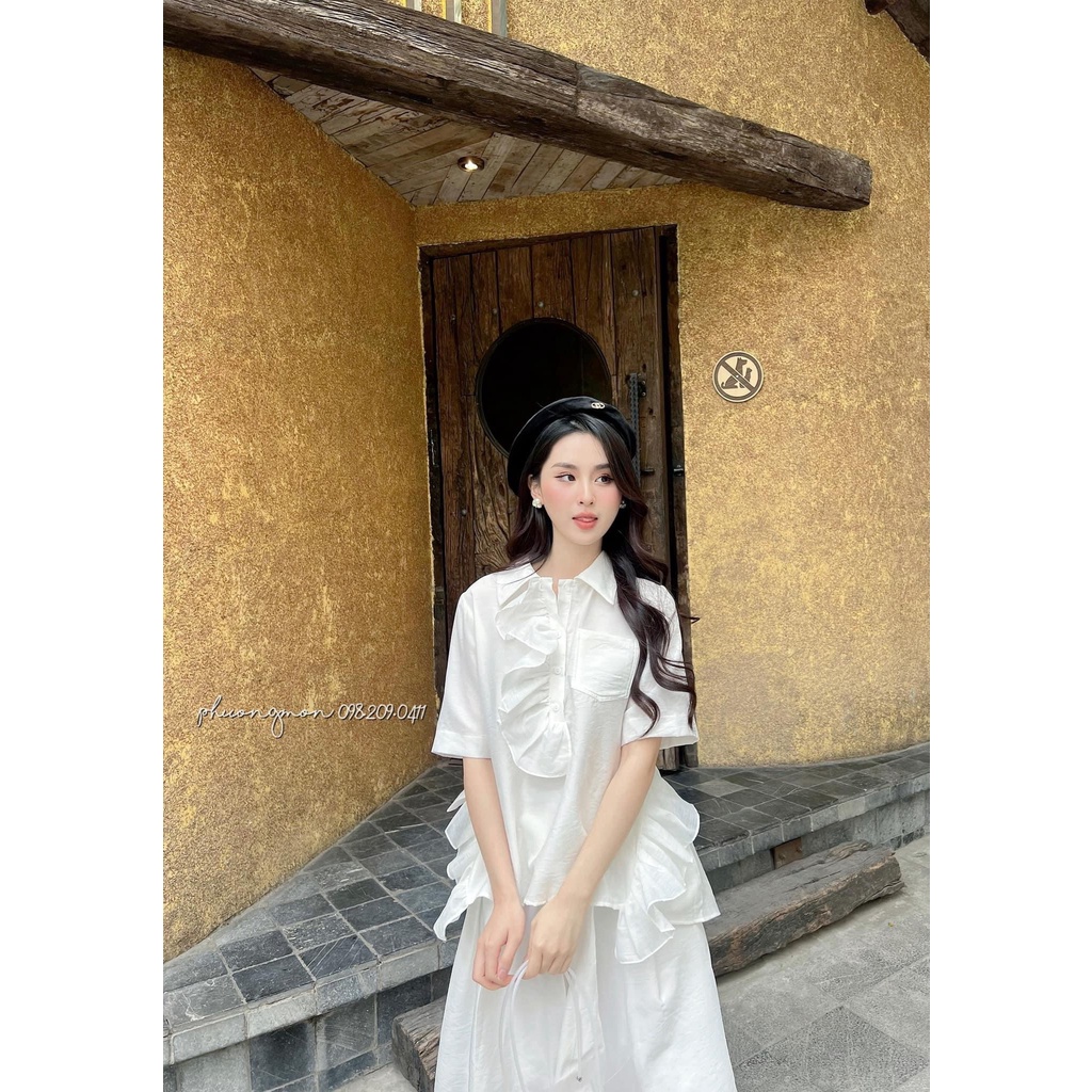 SET ÁO TRẮNG CỔ SƠ MI VIỀN BÈO CHÂN VÁY MIDI XOÈ