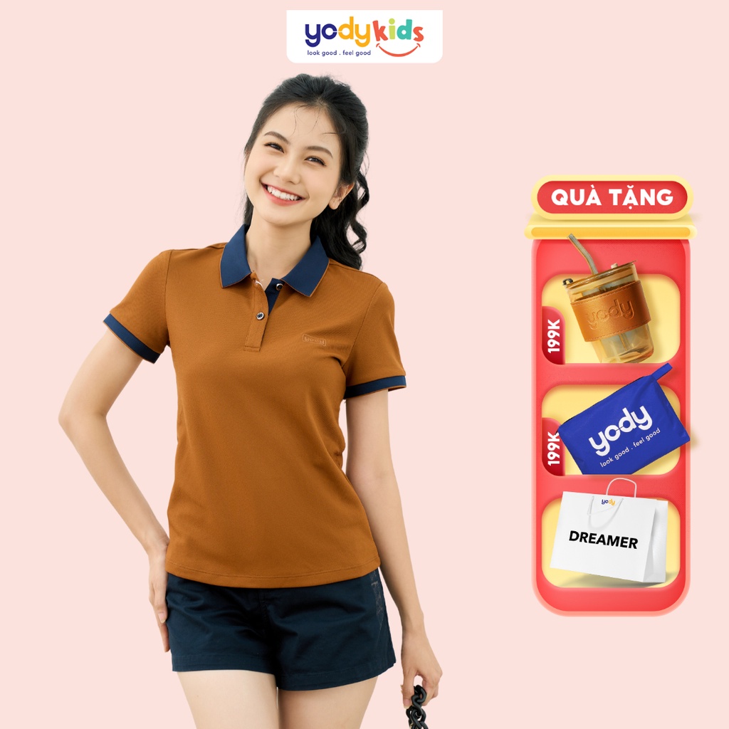 Áo polo YODY nữ chất liệu cafe phối nẹp kiểu dáng đơn giản trẻ trung chất liệu cao cấp APN3700