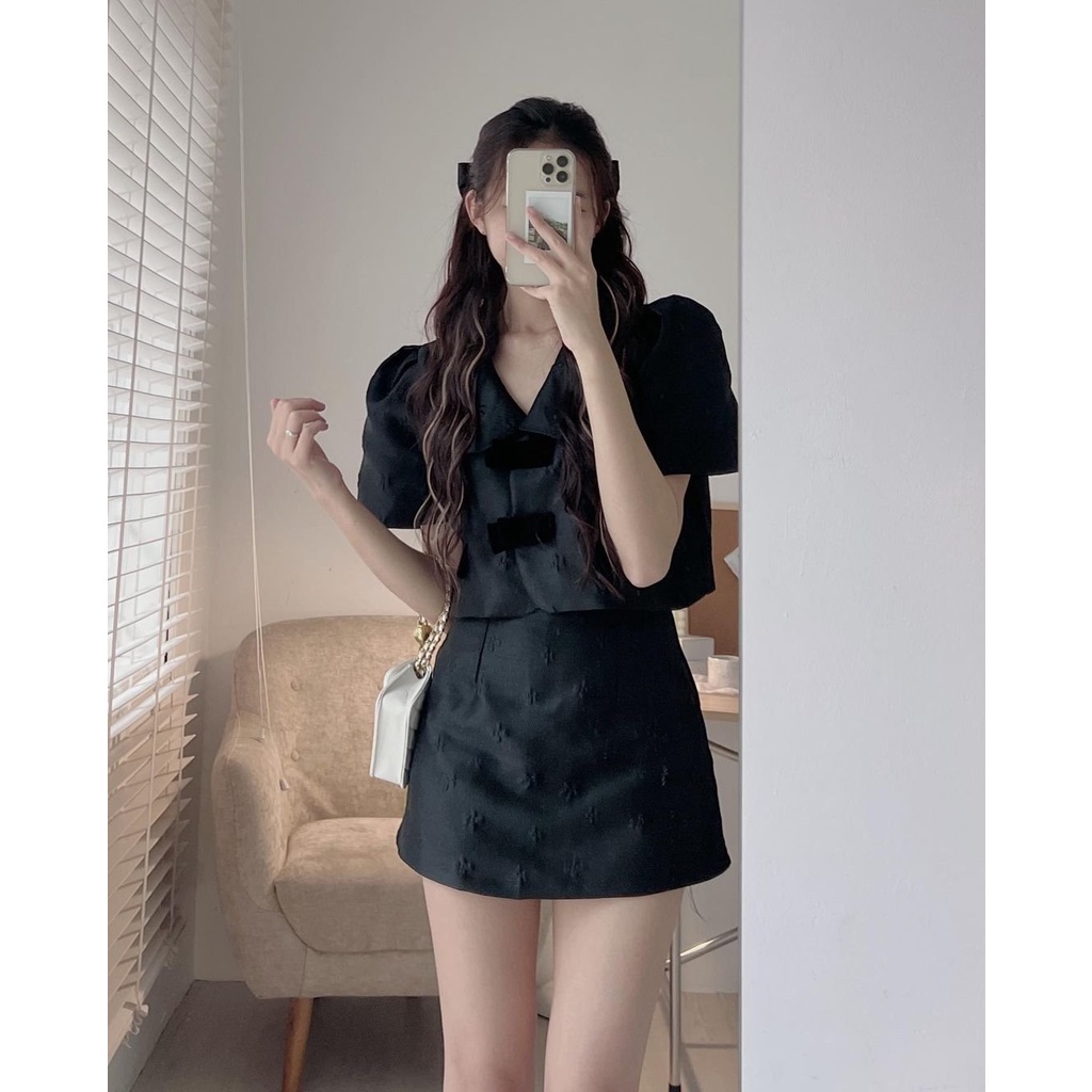 [SẴN/VIDEO] SET GẤM HOA NỔI NƠ NGỰC ĐEN CỘC TAY 2 LỚP HÀNG ĐẸP LOẠI 1