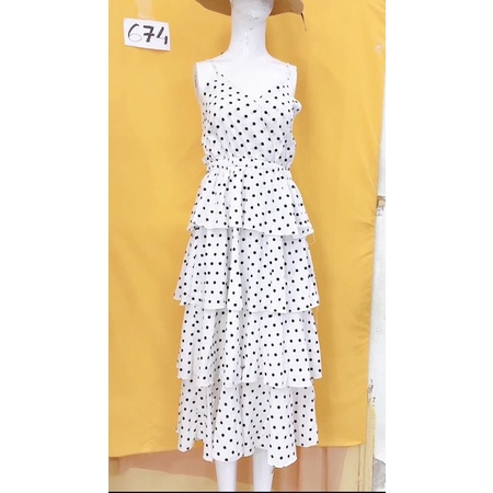 Đầm chấm bi 2 dây tầng trắng-đen freesize.A00