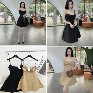 Đầm Váy nữ nơ ngực trễ vai hai dây sang chảnh,chất tuyết mưa dầy dặn, phối nơ ngực tạo điểm nhấn, chiết ly eo cực xinh