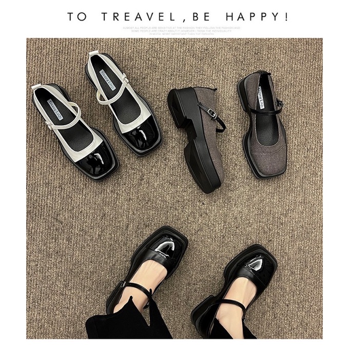 Giày búp bê nữ mũi vuông đế cao 5cm có quai khoá cài