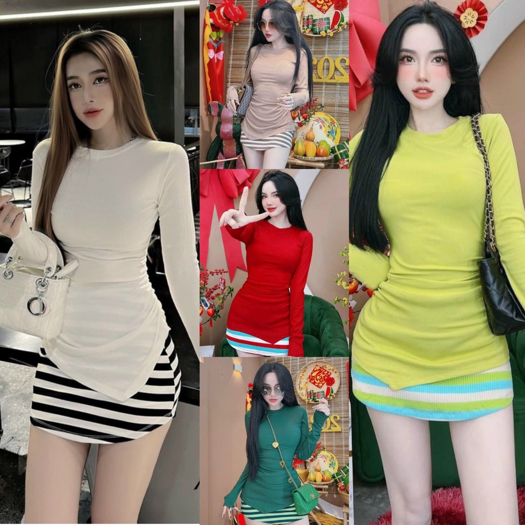 Sét chân váy mini sọc kèm áo vạt xéo tay dài chất thun gân xinh lung linh