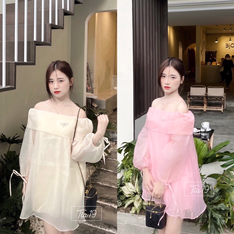 Váy áo trễ vai nơ voan tơ ulzzang Tia19. Áo trễ vai voan tơ