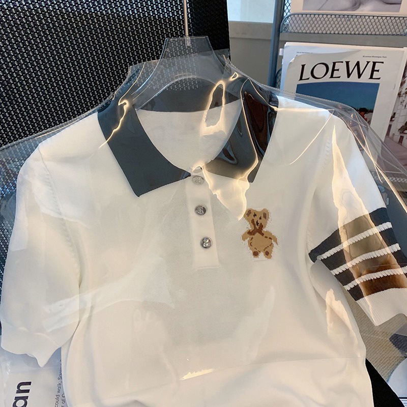Minimalist Labo Áo thun polo dệt kim tay ngắn thêu hình gấu dễ thương