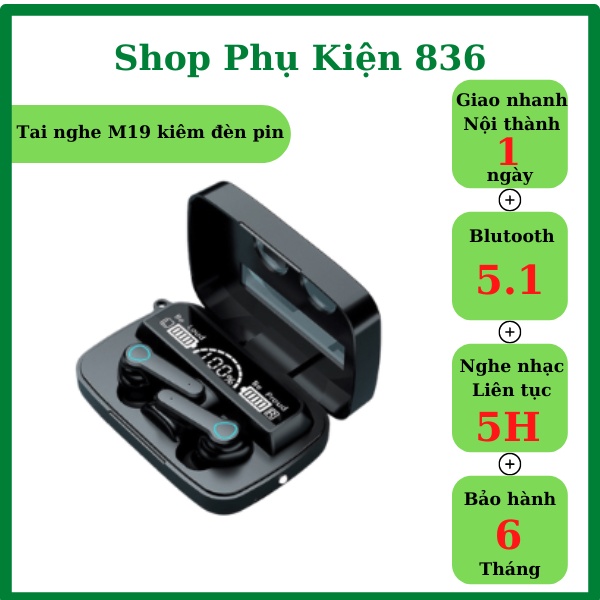 Tai nghe bluetooth không dây M19 cảm ứng, hỗ trợ đàm thoại, nghe nhạc, màn hình led, có đèn pin