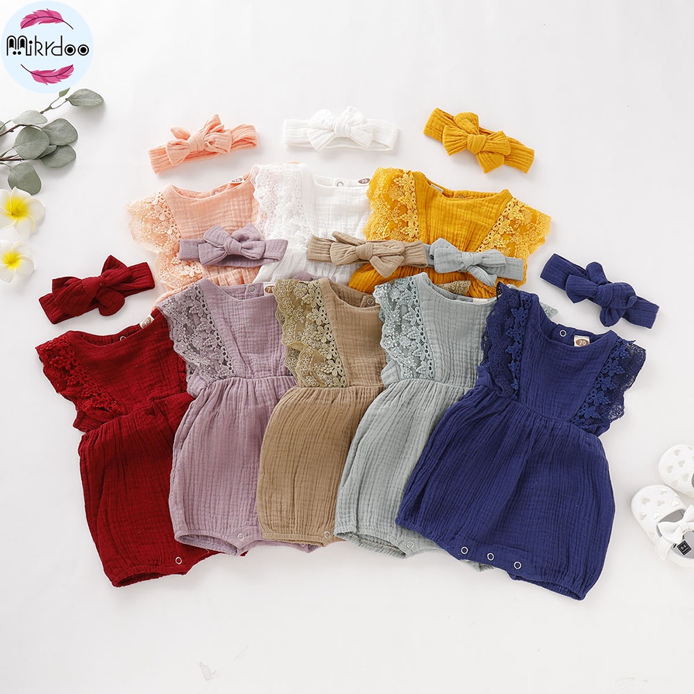 Bộ áo liền quần MIKRDOO chất vải cotton bodysuit tay cánh tiên kèm băng đô xinh xắn thời trang cho bé sơ sinh