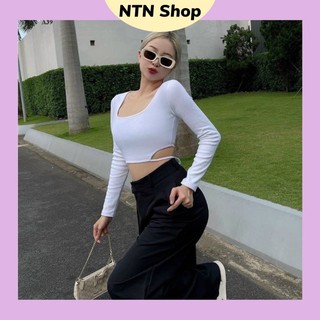 Áo tay dài croptop cổ vuông buộc dây.