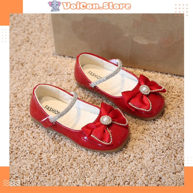 Giày búp bê bé gái, giày công chúa nơ ngọc đính đá xinh xắn cho bé 2-10 tuổi
