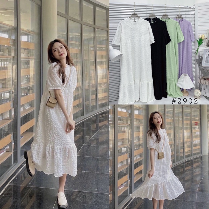 Váy suông đuôi cá dáng dài đầm nữ tay ngắn cổ tròn dáng babydoll (ảnh thật)