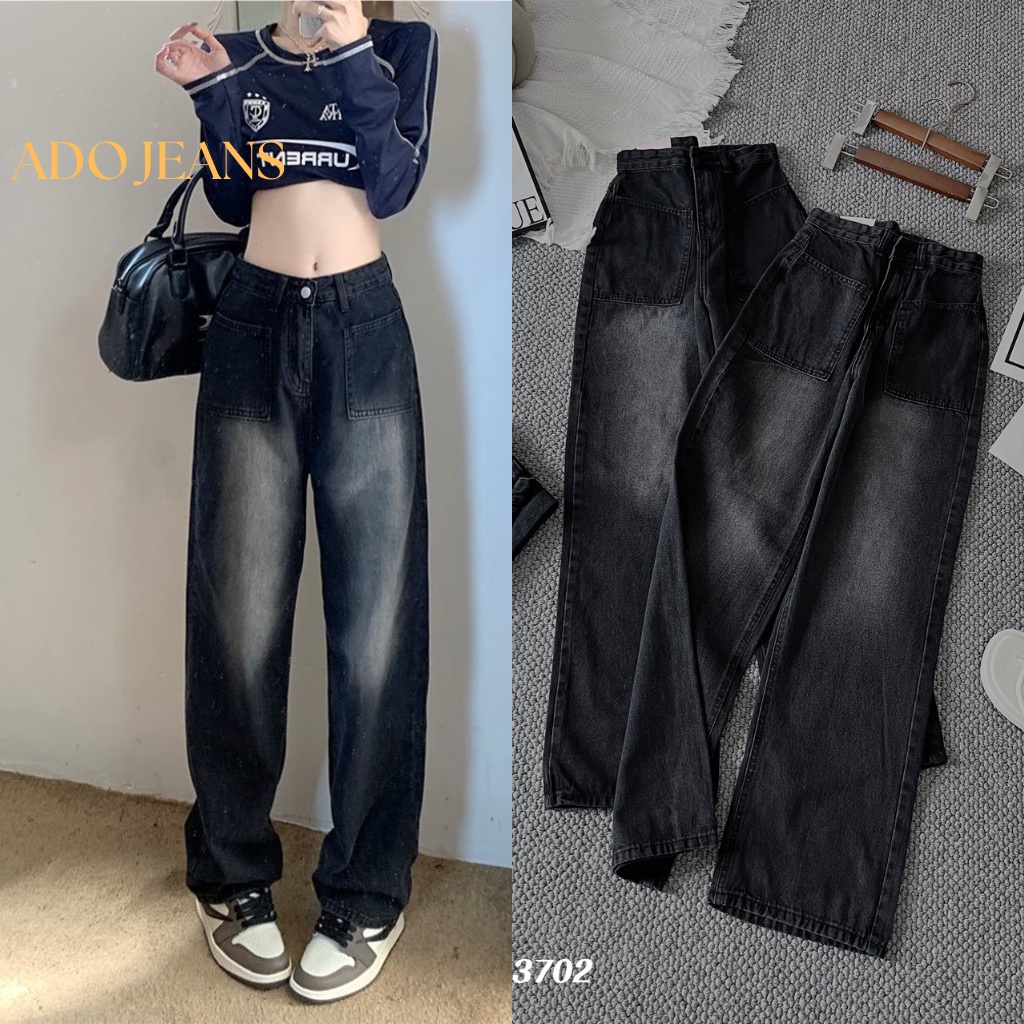 Quần jean nữ Ulzzang dài ống rộng, lưng cao ADO JEANS