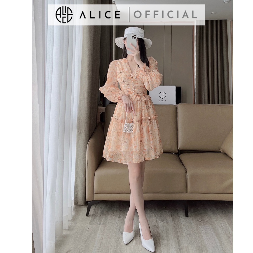 Váy Xoè Chiết Eo ALICE Chất Tơ Óng Mềm Mát, Cổ Chữ V Thanh Lịch, Tay Bồng Tiểu Thư Sang Chảnh V905