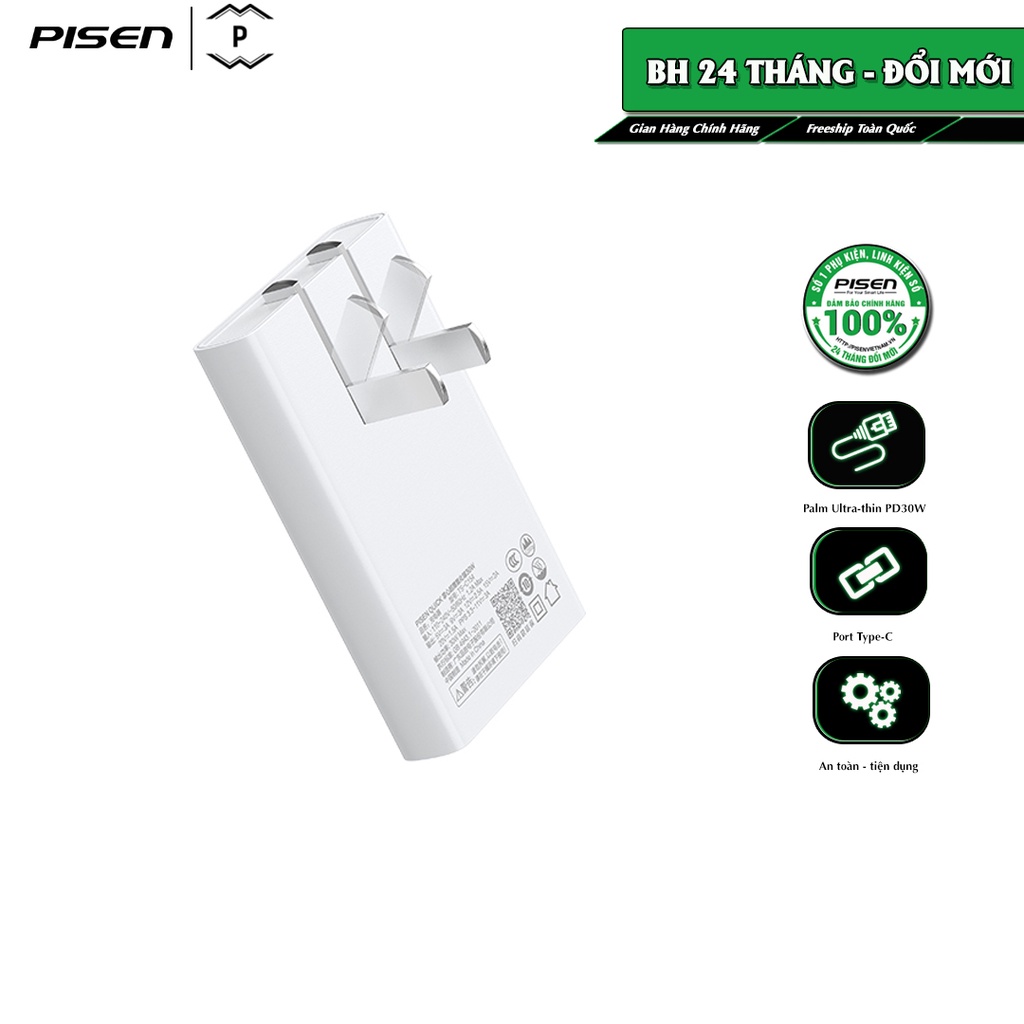 Sạc PISEN Palm Ultra-thin PD30W, sạc nhanh công suất 30W, công nghệ GaN, hỗ trợ sạc đa giao thức, model: TS-C154
