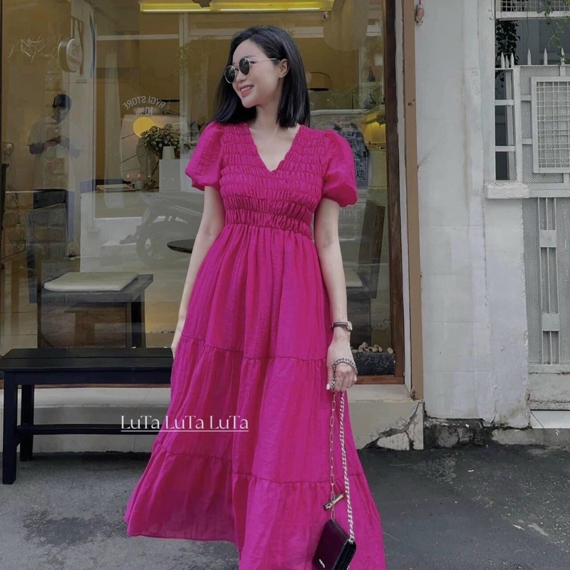 Đầm Tơ Nhún Tầng Chun Ngực Dáng Dài Mã KL